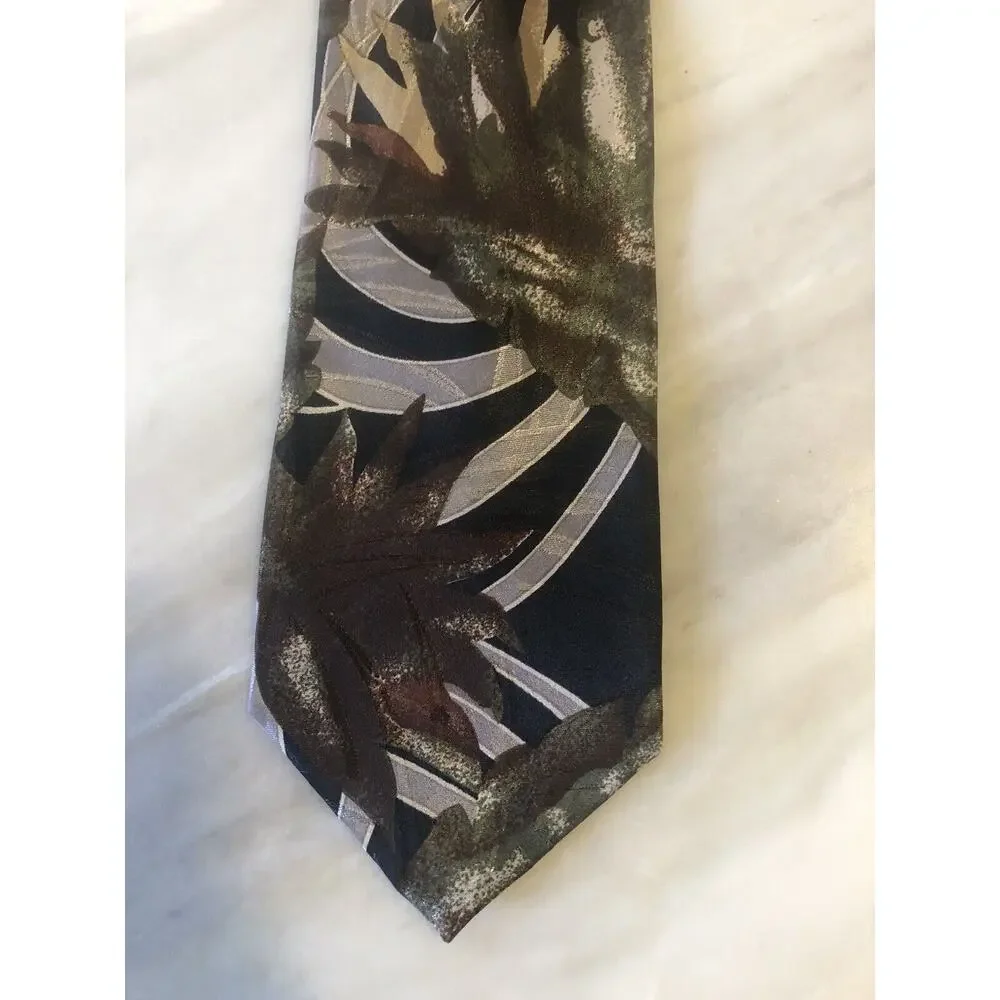 Vintage Pierre Balmain Tie Paris Black Green Geometric Palm Print Extra Long